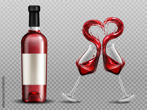 Red wine heart splash in wineglasses and close bottle. Full glasses with alcohol drink clinking isolated on transparent background. Valentine day or romantic dating realistic 3d vector illustration