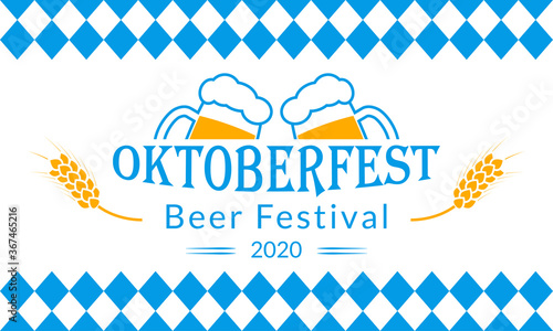 Oktoberfest banner design. Beer fest in October logo with two beer mugs. German festival poster, sign, flyer, invitation card template. Vector illustration.