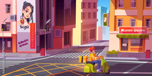 Courier riding bike on city street. Young delivery man with parcel box delivering grocery or goods on empty urban cityscape background with crossroad and traffic lights. Cartoon vector illustration