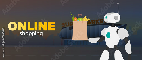 Online store of banners. The robot is holding a bag in his hands. Online shopping and delivery concept. Vector.