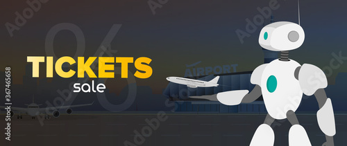 Tickets sale banner. Airport. Robor launches the plane into the air. Concept of online purchase and booking of air tickets. Vector.
