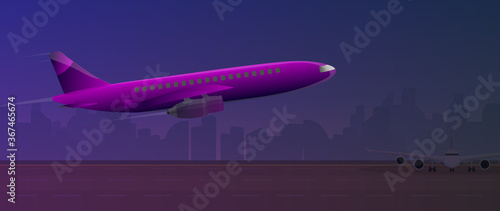 The plane takes off at the night airport. Takeoff. The runway at the airport. Vector.