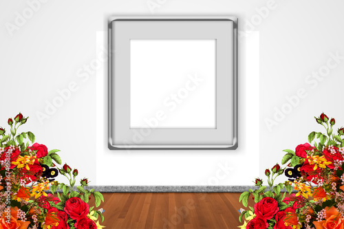 White frame grey mock up for picture, print art, text or photo poster, decorative with group of flowers , Blank frame with wooden floor 
