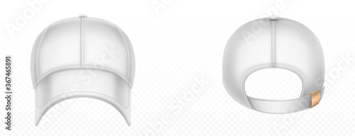 Baseball cap front and back view. Vector realistic mockup of blank white hat with stitches, visor and snap on peak. Sport uniform cap for protection head of sun isolated on transparent background