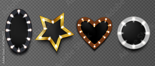 Frames with light bulbs on black board isolated on transparent background. Vector realistic mockup of round, star and heart shape makeup mirror with golden, silver, black and brown borders