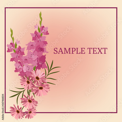 Gladioli and gerberas. Template for postcards, invitations with frame and place for your text.