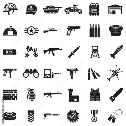 Army Icons. Black Flat Design. Vector Illustration.