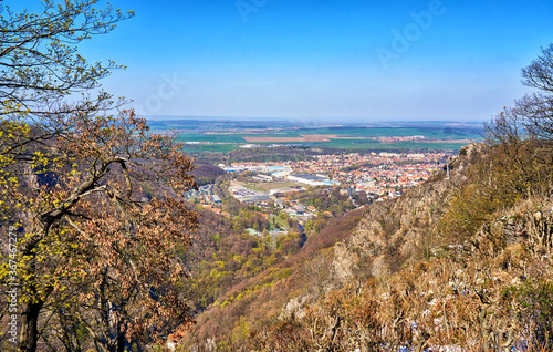 View between the Harz mountains to the city of Thale with blue sky. Saxony-Anhalt  Germany