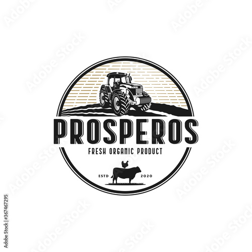 Tractor Vintage Badge Logo Design Illustration For Farm. Tractor Vector