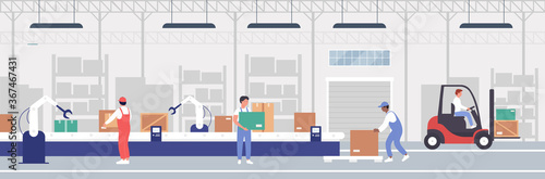 Warehouse packaging process automation vector illustration. Cartoon flat worker people working on warehousing conveyor belt with automatic robot arm equipment to assist in loading operation background