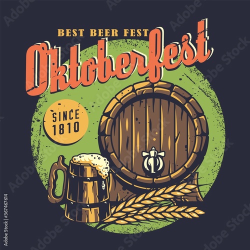 T-shirt print with beer mug, barrel and barley