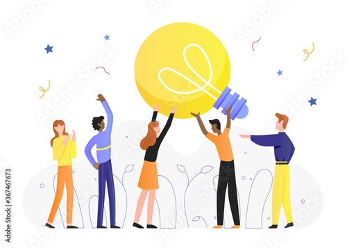 Lightbulb idea concept vector illustration. Cartoon flat tiny man woman characters hold lamp light bulb, create of innovative ideas, creative brainstorm, creativity and imagination isolated on white