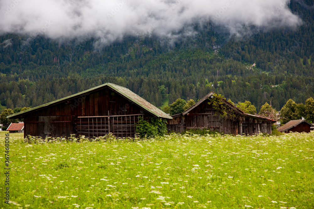 wooden barns in fog, in meadow in a valley of wetterstein mountains. close up of barn in pasture in bavarian alps. Bavaria Germany 