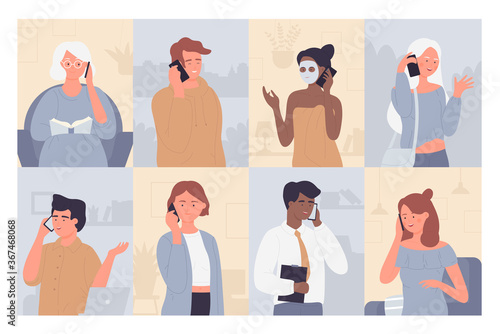 People talk on phone vector illustration set. Cartoon flat man woman characters talking with family, friends or business partner, cellphone conversation or mobile dialogue collection background