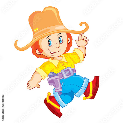 character of a cheerful cowboy in a big hat and with a holster, cartoon illustration, isolated object on white, vector illustration,
