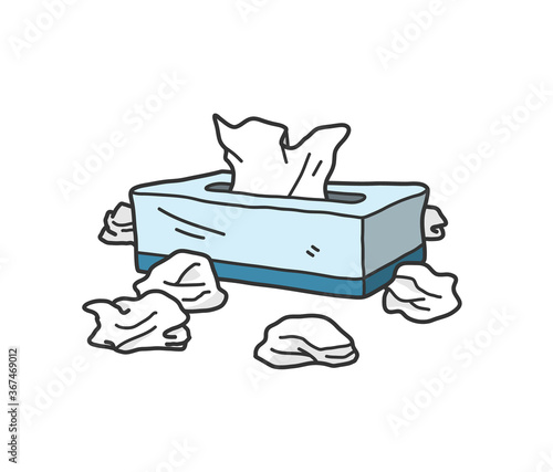 Box of tissue paper doodle, hand drawn vector doodle illustration of a box of tissue with crumpled used tissue paper around it, isolated on white background.