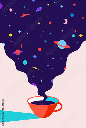 Coffee. Cup of coffee with universe dreams, planet, stars, cosmos. Modern flat illustration. Banner for cafe, restaurant, menu, coffee dreams theme. Color contemporary art style. Vector Illustration