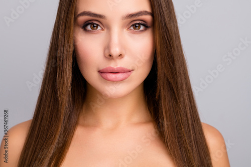 Cropped close-up portrait of her she nice-looking attractive lovely charming gorgeous feminine shine straight-haired girl skin look perfection isolated over gray pastel color background