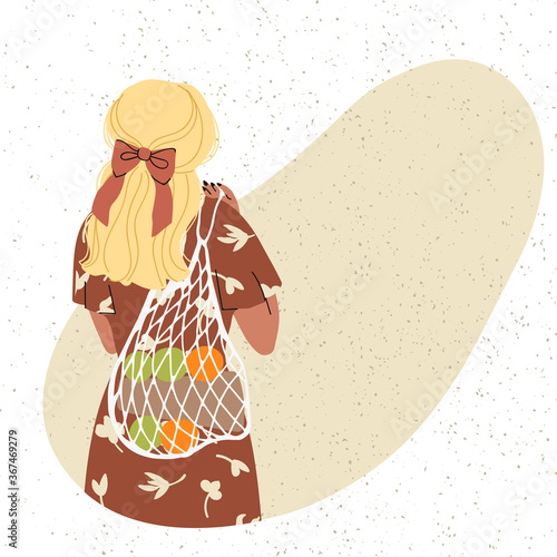 Vector colorful illustration of cute young girl with eco bag, trendy dressed on abstract backgrounds. Zero waste concept.