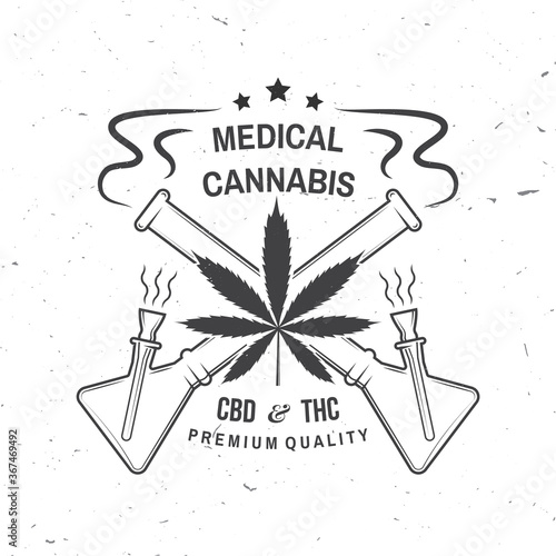 Medical cannabis badge, label with cannabis leaf and glass bong. Vector Vintage typography logo design with cannabis leaf and glass bong silhouette For weed shop, cannabis, marijuana delivery service