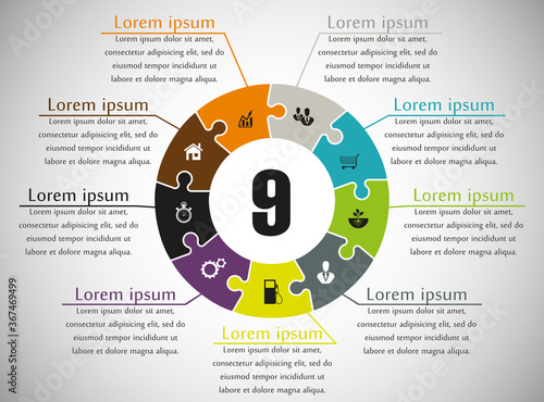 Nine sided puzzle presentation infographic template with explanatory text field for business statistics