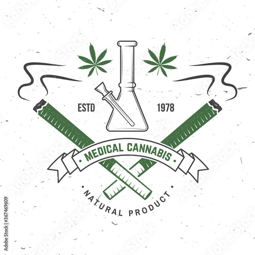 Medical cannabis badge, label with cannabis leaf and glass bong. Vector Vintage typography logo design with cannabis leaf and glass bong silhouette For weed shop, cannabis, marijuana delivery service