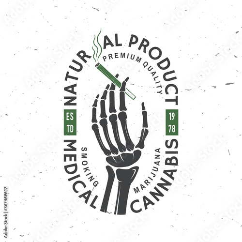 Medical cannabis badge, label with skeleton hand, smoking marijuana Vector. Vintage typography logo design with cannabis, skeleton hand silhouette For weed shop, cannabis, marijuana delivery service