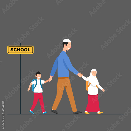 Dad Moslem Accompany Kids To Back To School