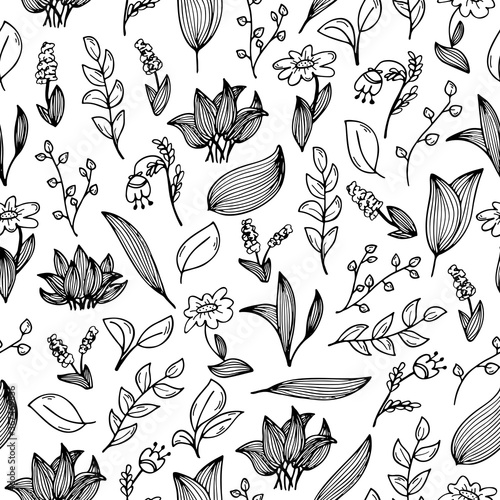 A seamless pattern with hand-drawn doodles of flowers and plants. Black and white