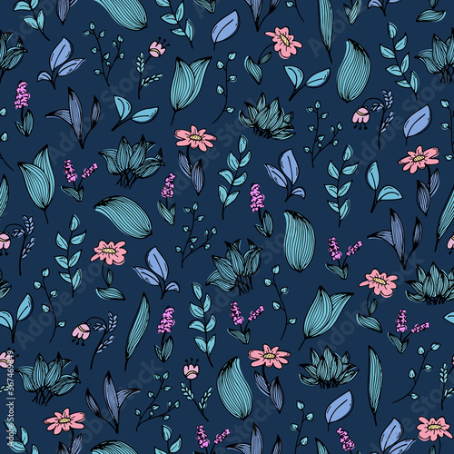 A seamless pattern with hand-drawn doodles of flowers and plants.
