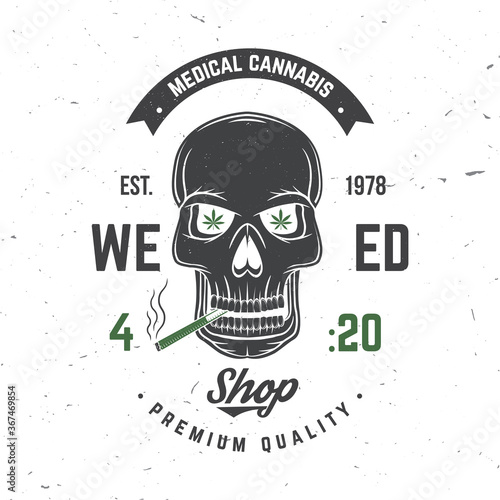 Medical cannabis badge, label with skeleton skull, smoking marijuana Vector. Vintage typography logo design with cannabis, skull, skeleton hand silhouette For weed shop, marijuana delivery service