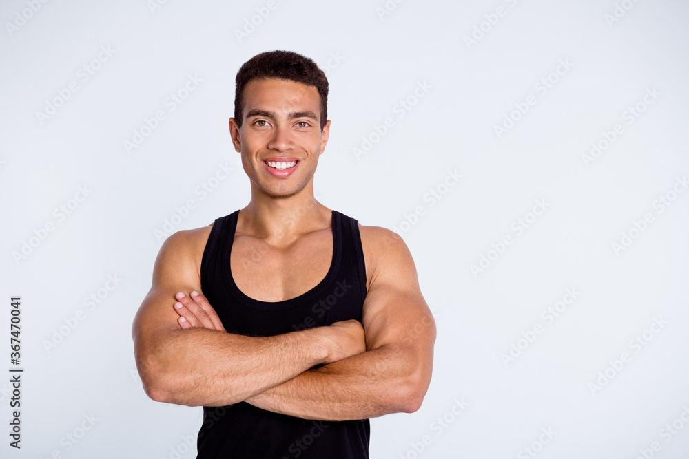 Close-up portrait of his he nice attractive content sportive virile muscular cheerful cheery guy champion goal championship winner folded arms isolated over gray pastel color background - obrazy, fototapety, plakaty 