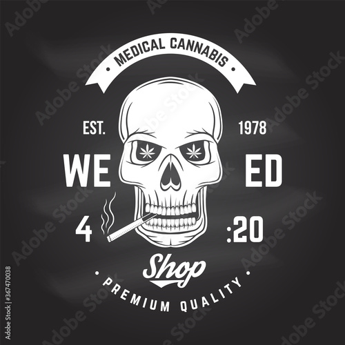 Medical cannabis badge, label with skeleton skull, smoking marijuana Vector. Vintage typography logo design with cannabis, skull, skeleton hand silhouette For weed shop, marijuana delivery service