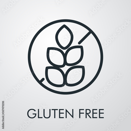 Icono plano lineal texto Gluten Free con señal de prohibición con granos de trigo en fondo gris