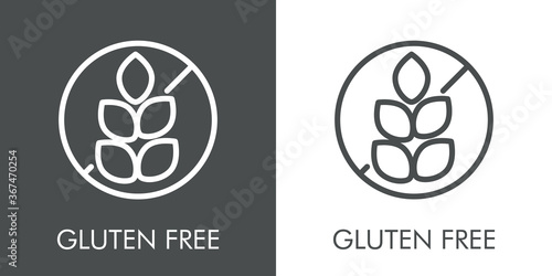 Icono plano lineal texto Gluten Free con señal de prohibición con granos de trigo en fondo gris y fondo blanco
