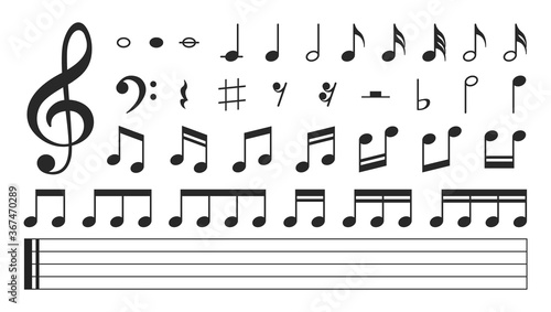 Set of musical notes. Black musical note icons. Music elements. Treble clef. Vector illustration.