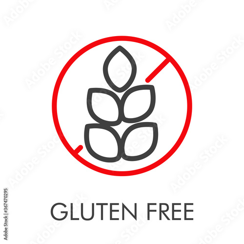 Icono plano lineal texto Gluten Free con señal de prohibición con granos de trigo en rojo y gris