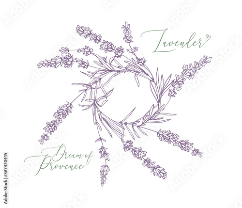 Lavender wreath illustration with herbs and lettering. Watercolor outline vintage sketch on white background. Vector botanical paking or card design.