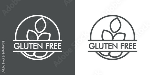 Icono plano lineal texto Gluten Free en círculo con granos de trigo en fondo gris y fondo blanco