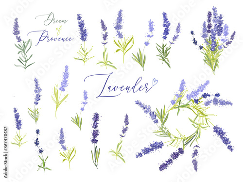 Lavender illustration wreath ith herbs and lettering. Watercolor outline vintage sketch on white background. Vector botanical paking or card design.