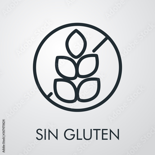 Icono plano lineal texto Sin Gluten con señal de prohibición con granos de trigo en fondo gris