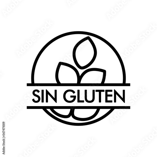 Icono plano lineal texto Sin Gluten en círculo con granos de trigo en color negro