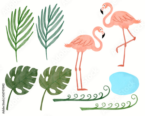 set of flamingos monstera leaves, palm leaves, pond