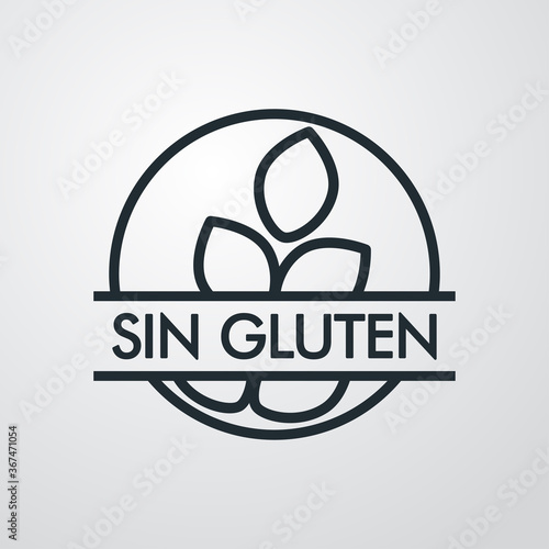 Icono plano lineal texto Sin Gluten en círculo con granos de trigo en fondo gris