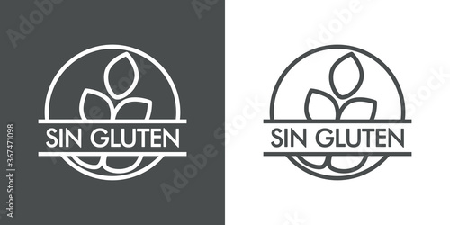 Icono plano lineal texto Sin Gluten en círculo con granos de trigo en fondo gris y fondo blanco