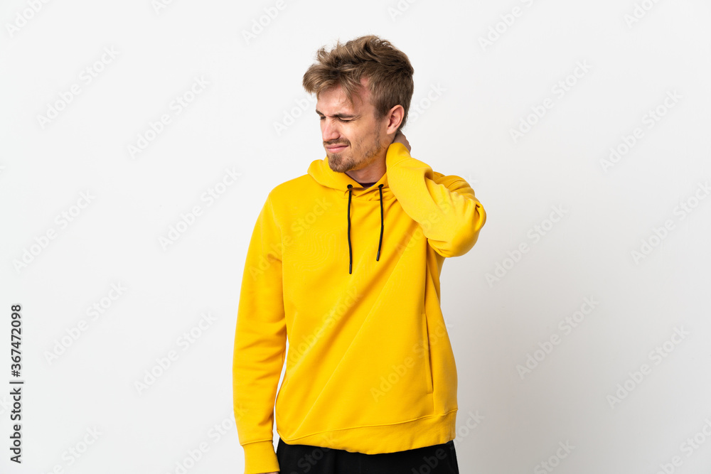 Young handsome man isolated on white background with neckache Young handsome man isolated on white background with neckache