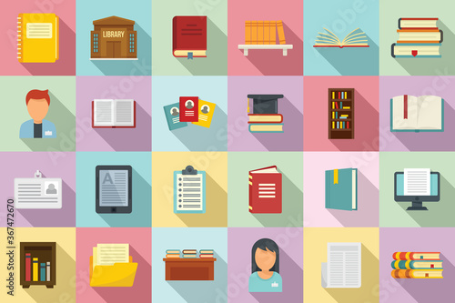 Library icons set. Flat set of library vector icons for web design