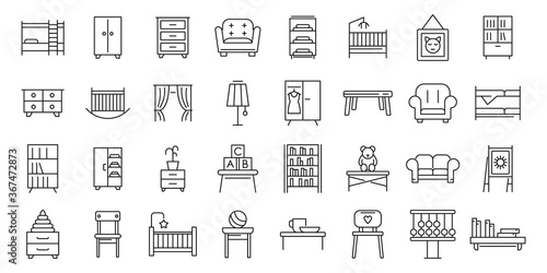 Childrens room icons set. Outline set of childrens room vector icons for web design isolated on white background