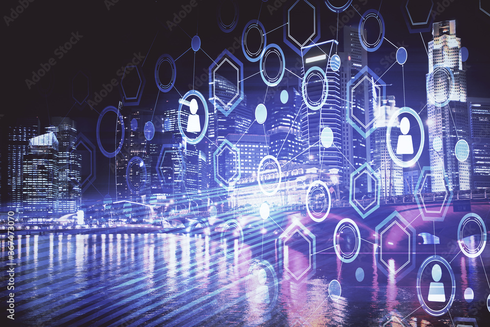 Multi exposure of social network theme drawing and cityscape background. Concept of people connecton. Multi exposure of social network theme drawing and cityscape background. Concept of people connecton.