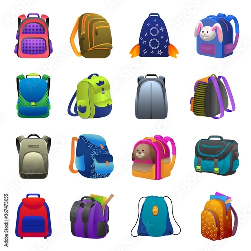 Backpack icons set. Cartoon set of backpack vector icons for web design